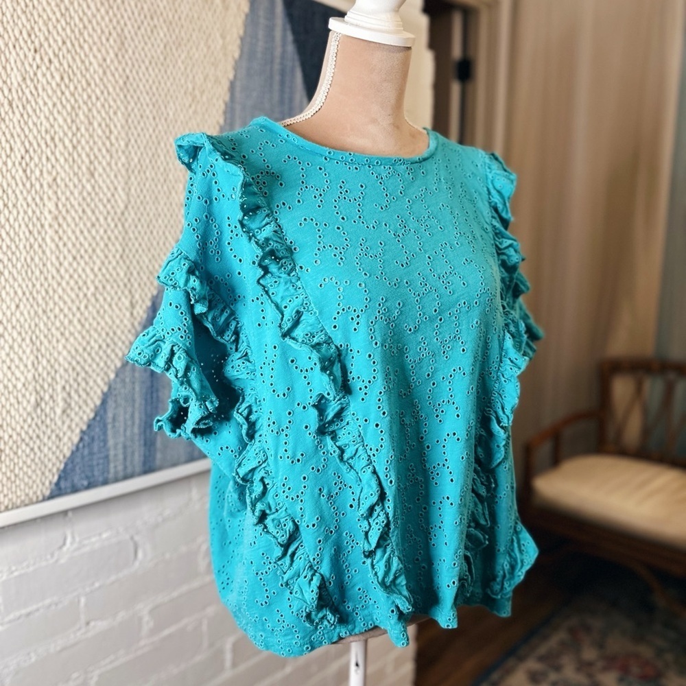 Tru Luxe Jeans Turquoise Eyelet Oversized Ruffle Sleeve Blouse